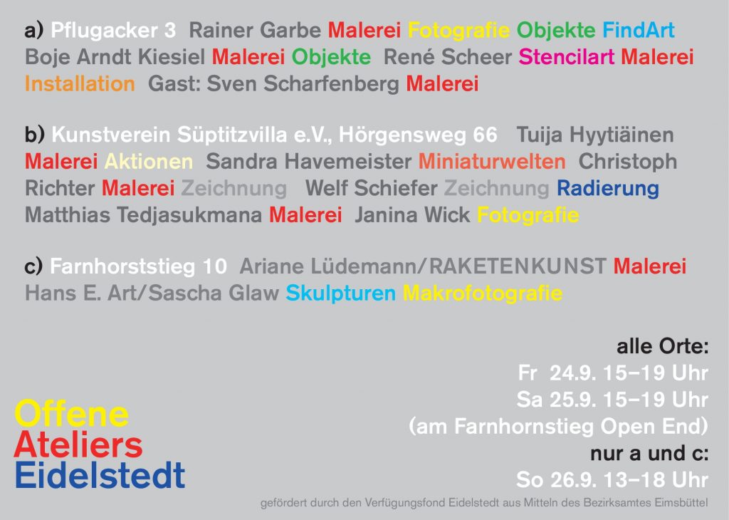 Rückseite Flyer der Offene Ateliers Eidelstedt 2021 - es sind die drei Standorte und die verscheidenen Künstler aufgeführt, die sich beteiligt haben.