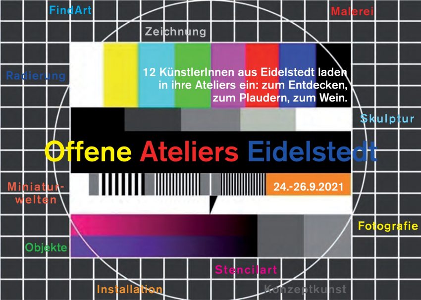 Vorderseite Flyer der Offene Ateliers Eidelstedt 2021 - es zeigt ein Testbild aus dem fernsehen und mit bunter Schrift die verschiedenen Kunstarten die zu sehen sind.